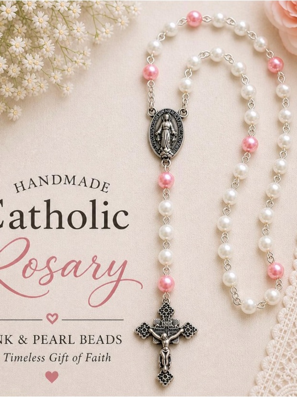 Handmade Pink and White Pearl Catholic Rosary Necklace